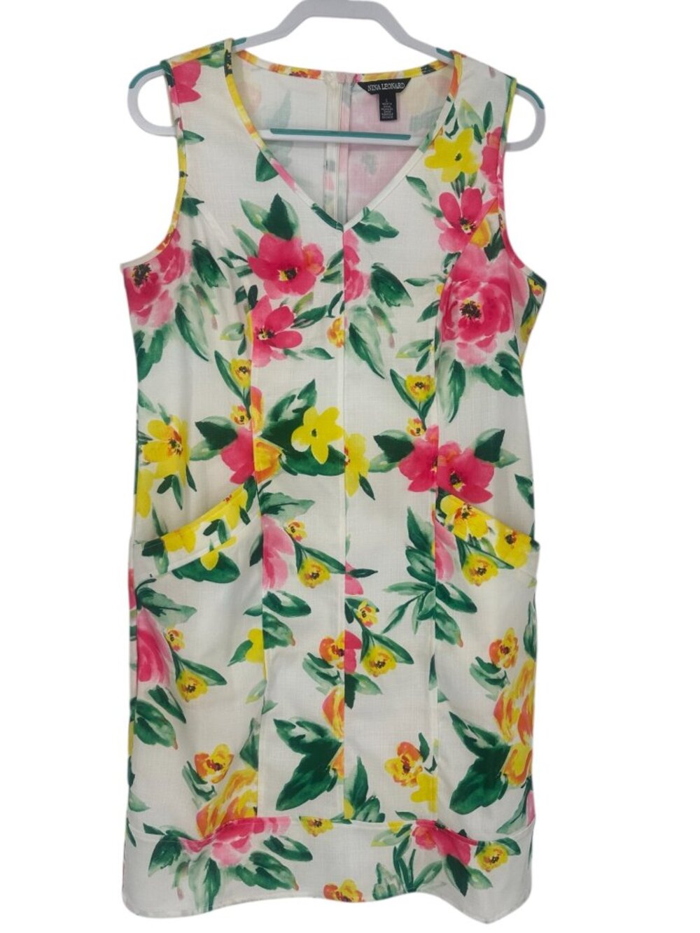 Nina Leonard Shift Dress Large White Floral Watercolor Sleeveless Summer Preppy